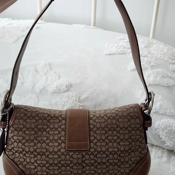 Coach Tan and Brown Signature Shoulder Bag With Leather Corner Accents H04W-6818 - Picture 7 of 14